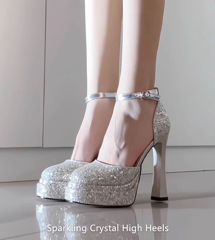 Ankle Pumps Chunky Platform Glitter Heel D'Orsay Strap