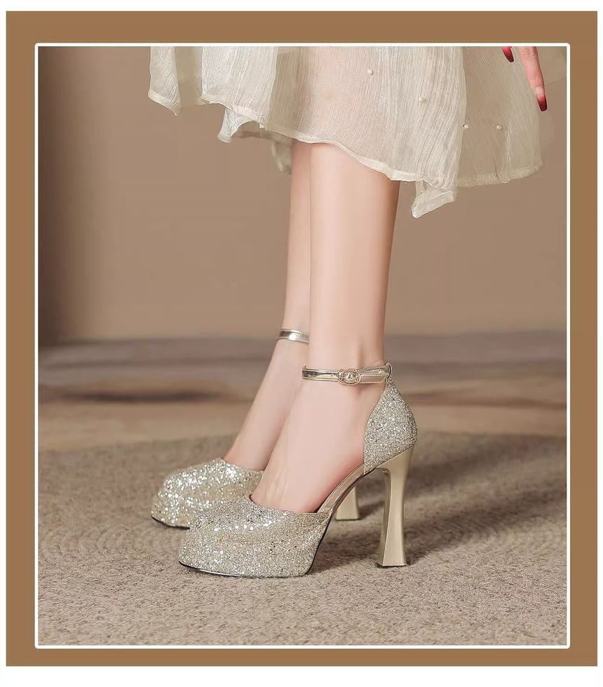 Ankle Pumps Chunky Platform Glitter Heel D'Orsay Strap