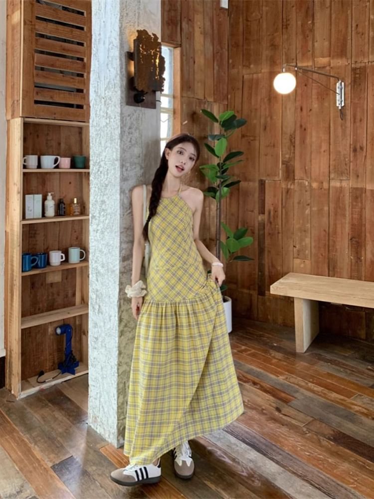 Plaid Halter Neck A-Line Maxi Dress