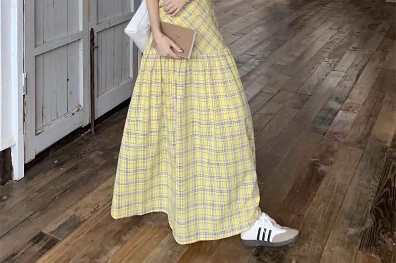 Plaid Halter Neck A-Line Maxi Dress