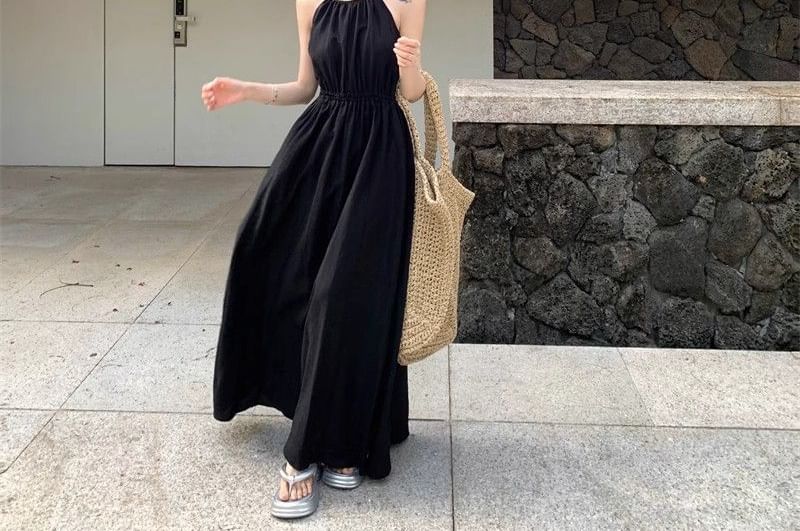 Open Back Spaghetti Strap Plain Maxi A-Line Dress