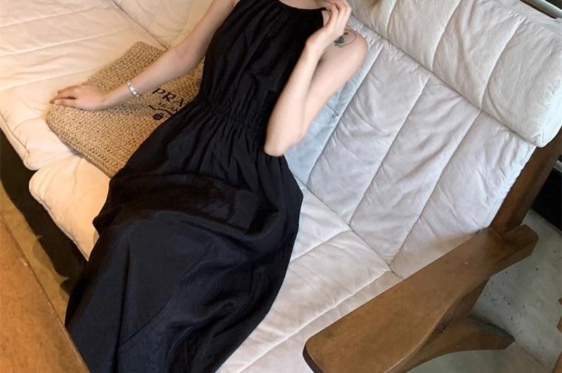 Open Back Spaghetti Strap Plain Maxi A-Line Dress