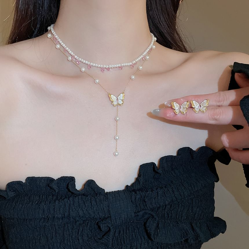 Necklace Layered / Stud Earring Faux Pearl Butterfly
