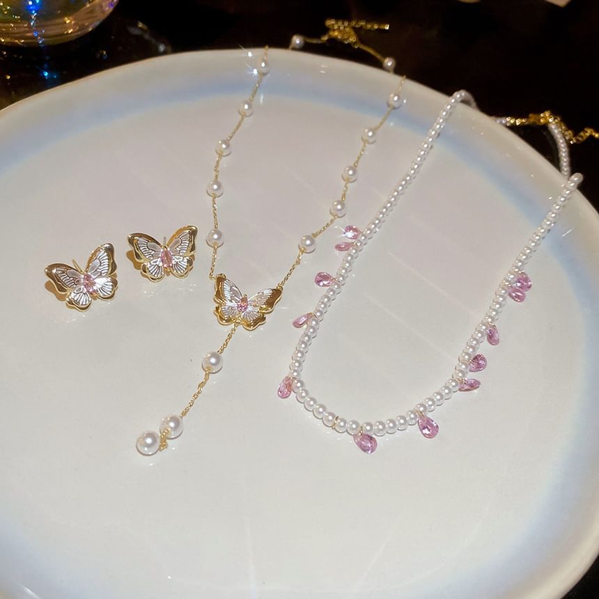 Necklace Layered / Stud Earring Faux Pearl Butterfly