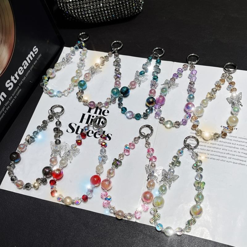 Faux Crystal Beaded Wrist Strap Phone Butterfly