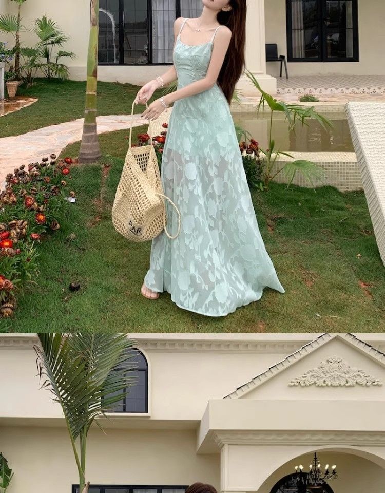 Jacquard Spaghetti Strap A-Line Maxi Dress