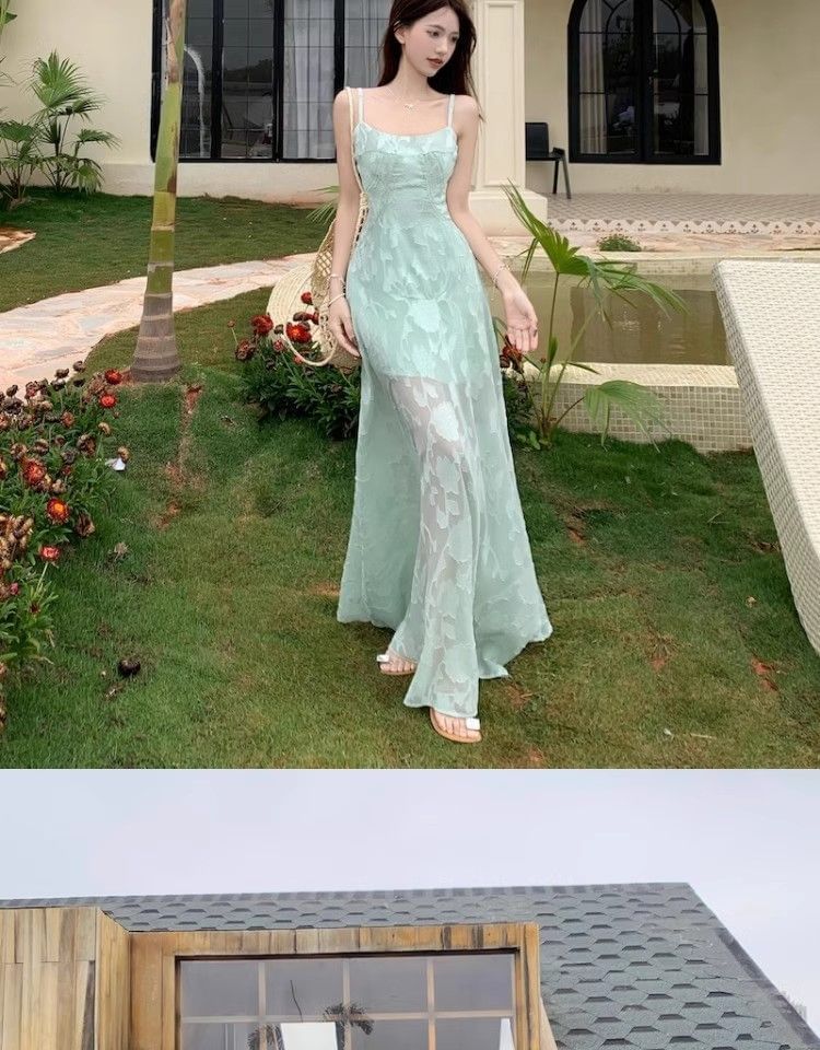 Jacquard Spaghetti Strap A-Line Maxi Dress