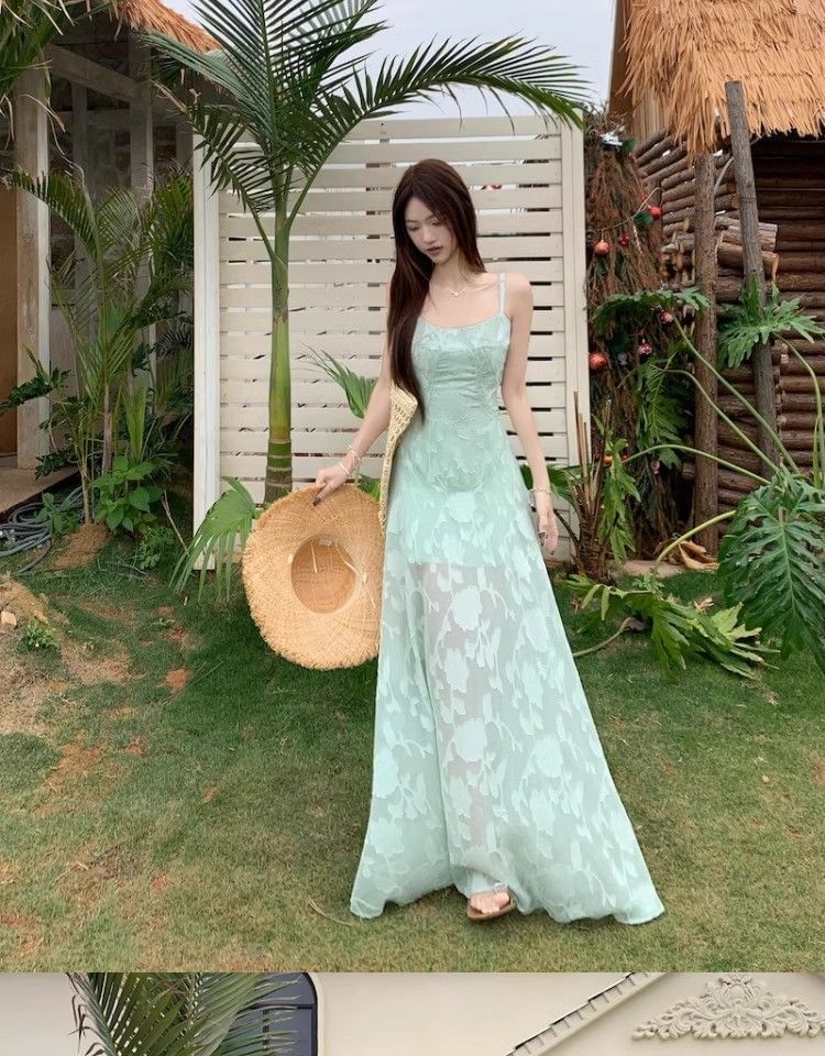 Jacquard Spaghetti Strap A-Line Maxi Dress