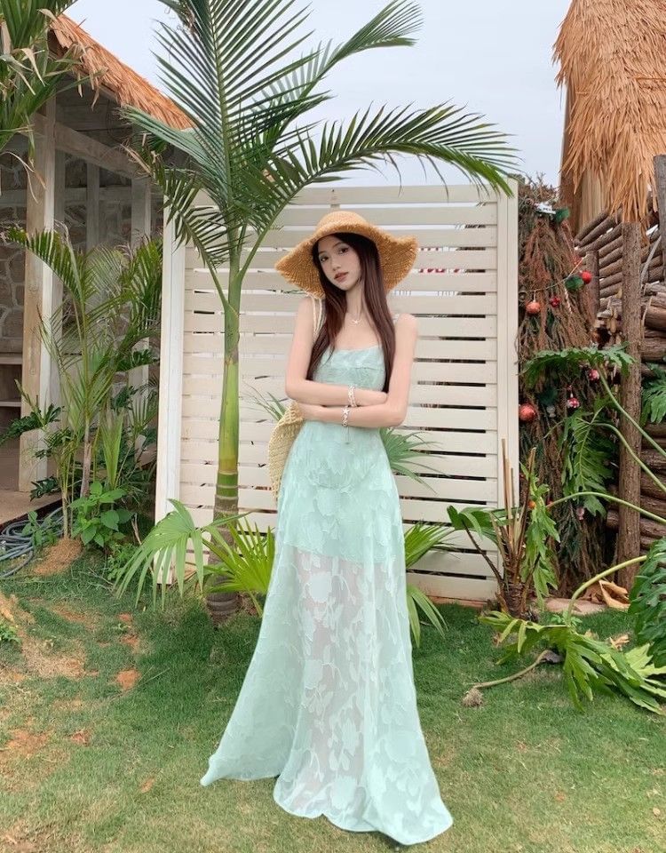 Jacquard Spaghetti Strap A-Line Maxi Dress
