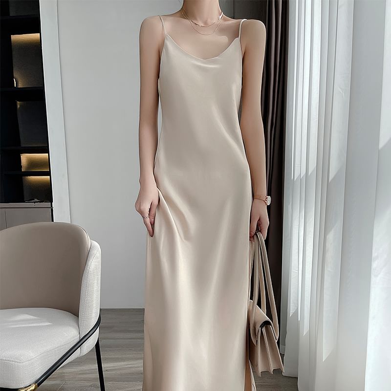 A-Line Satin V-Neck Dress Midi Plain Spaghetti Strap