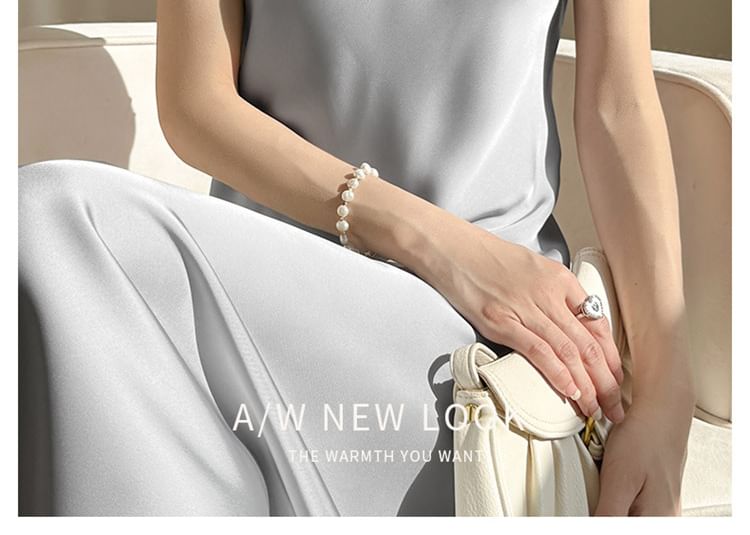 Plain Dress V-Neck Satin Spaghetti A-Line Midi Strap