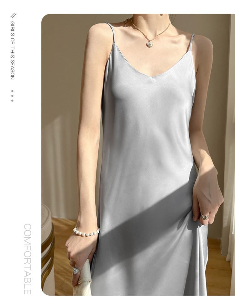 A-Line Satin V-Neck Dress Midi Plain Spaghetti Strap