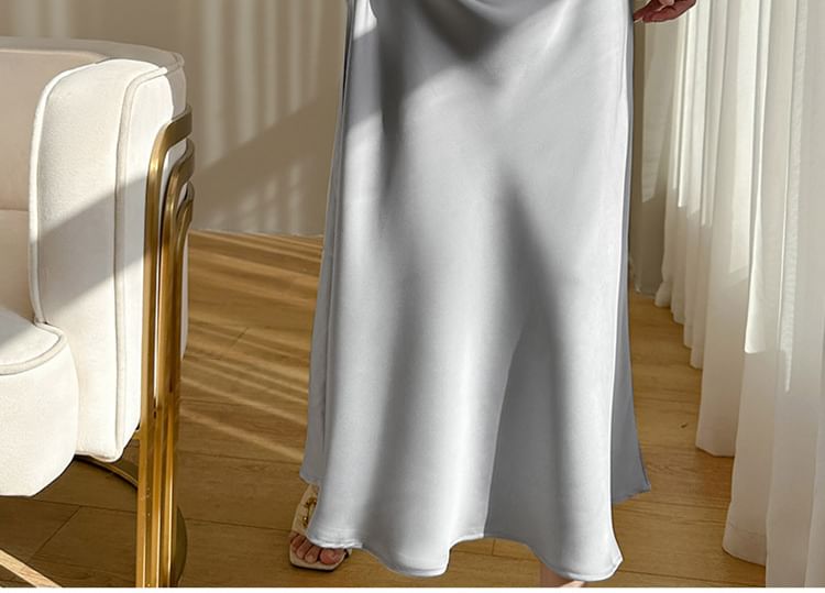 Plain Dress V-Neck Satin Spaghetti A-Line Midi Strap