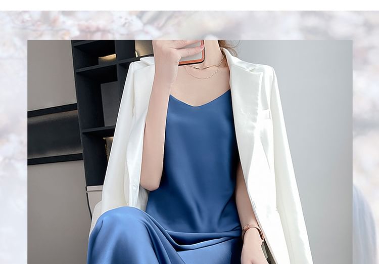 A-Line Satin V-Neck Dress Midi Plain Spaghetti Strap