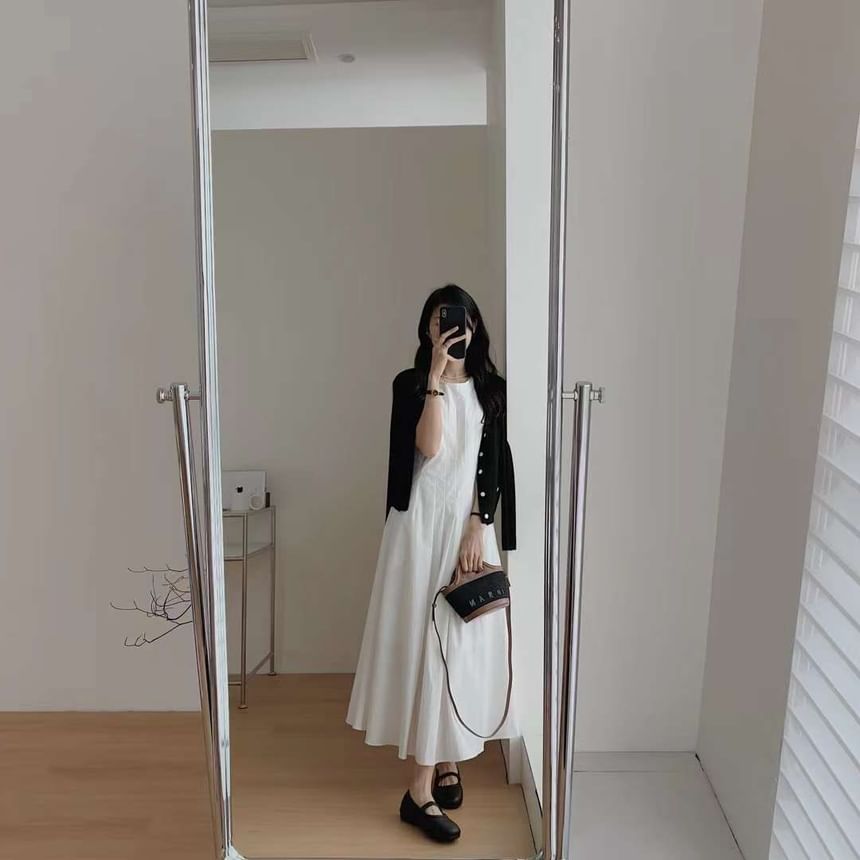 Dress Pleated Sleeveless Crew A-Line Plain Neck Midi