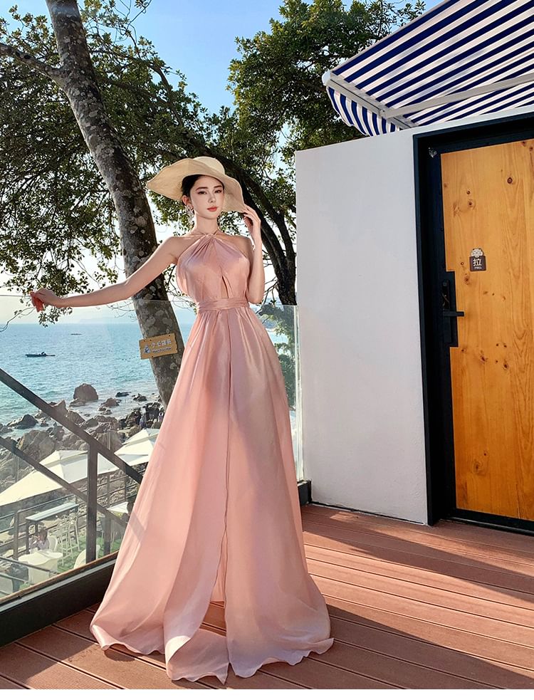 Halter Neck Cutout Maxi A-Line Dress with Shorts Set