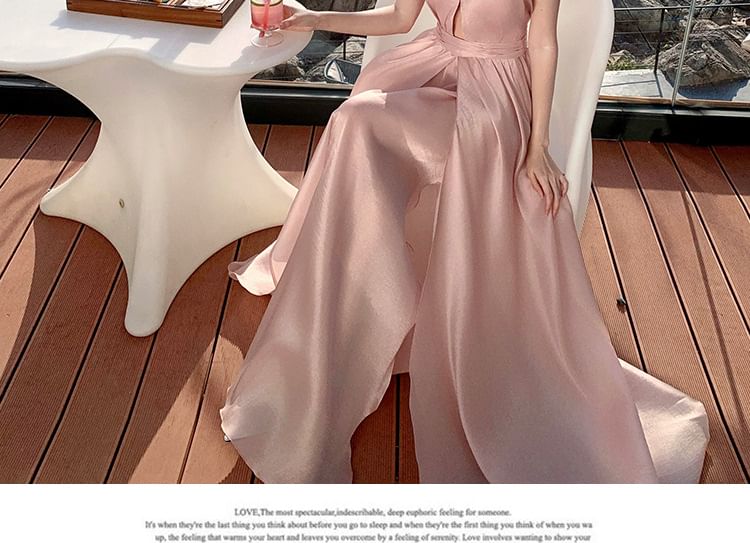 Halter Neck Cutout Maxi A-Line Dress with Shorts Set
