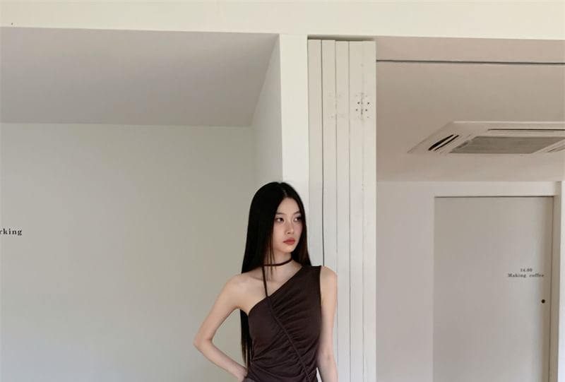 Asymmetric One-Shoulder Ruched Panel Maxi A-Line Dress