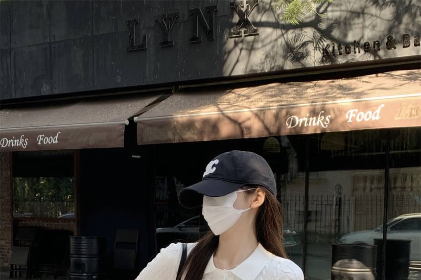 Plain Crop Polo Shirt Cable Knit Short-Sleeve