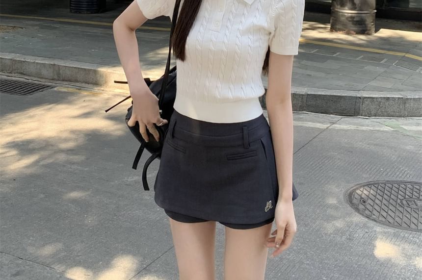 Cable Plain Short-Sleeve Knit Shirt Polo Crop
