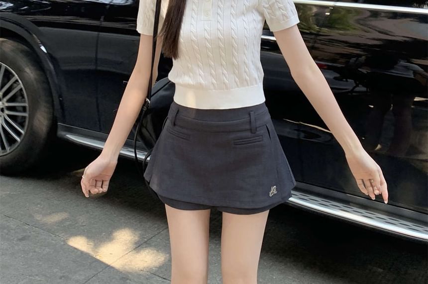 Cable Plain Short-Sleeve Knit Shirt Polo Crop