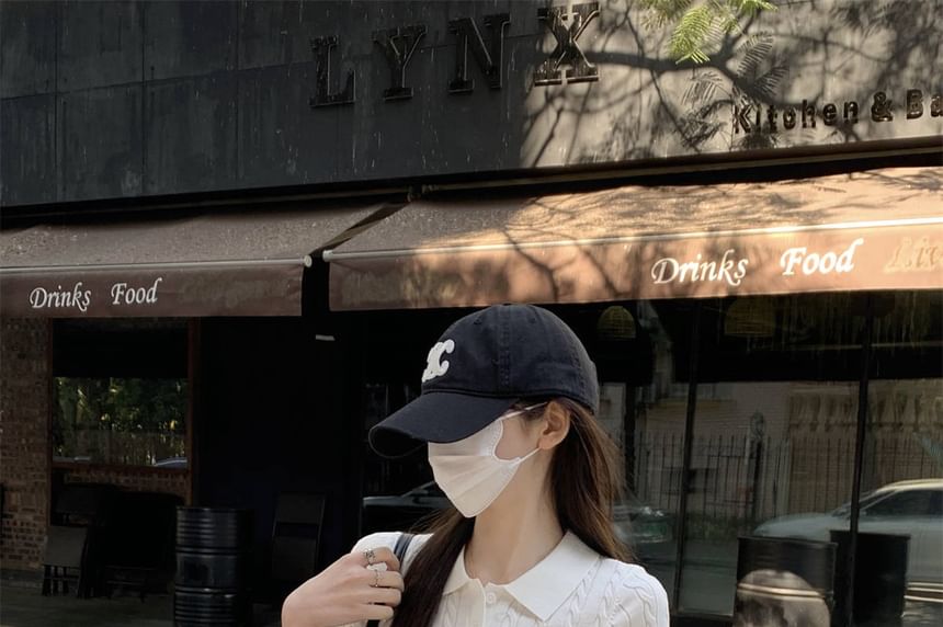 Plain Crop Polo Shirt Cable Knit Short-Sleeve