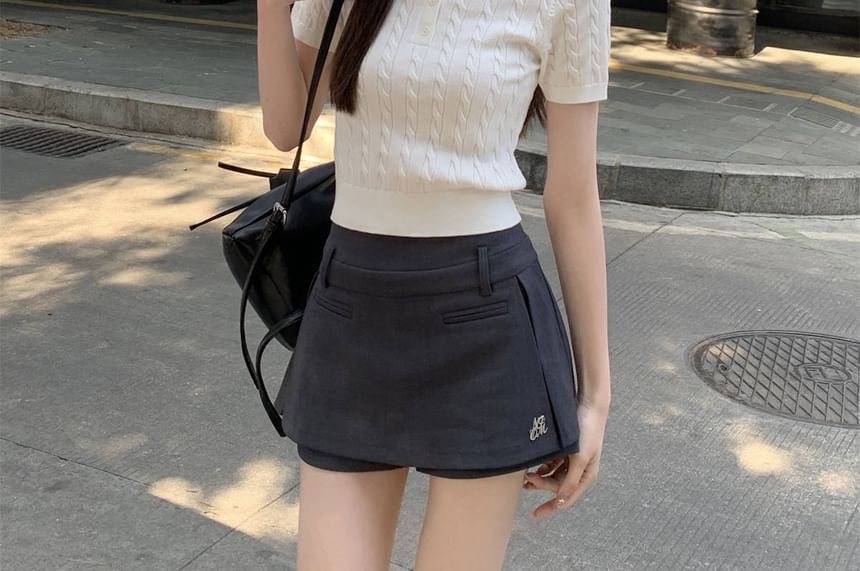 Plain Crop Polo Shirt Cable Knit Short-Sleeve