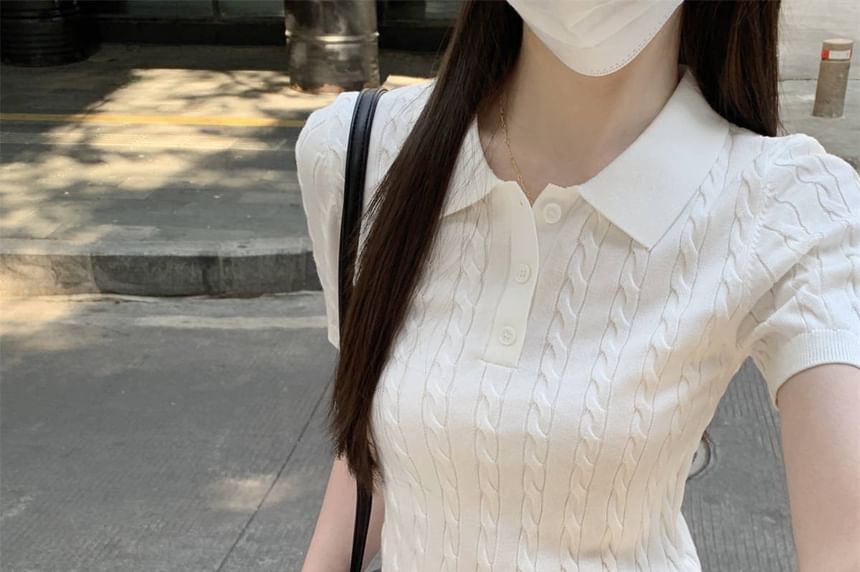 Cable Plain Short-Sleeve Knit Shirt Polo Crop