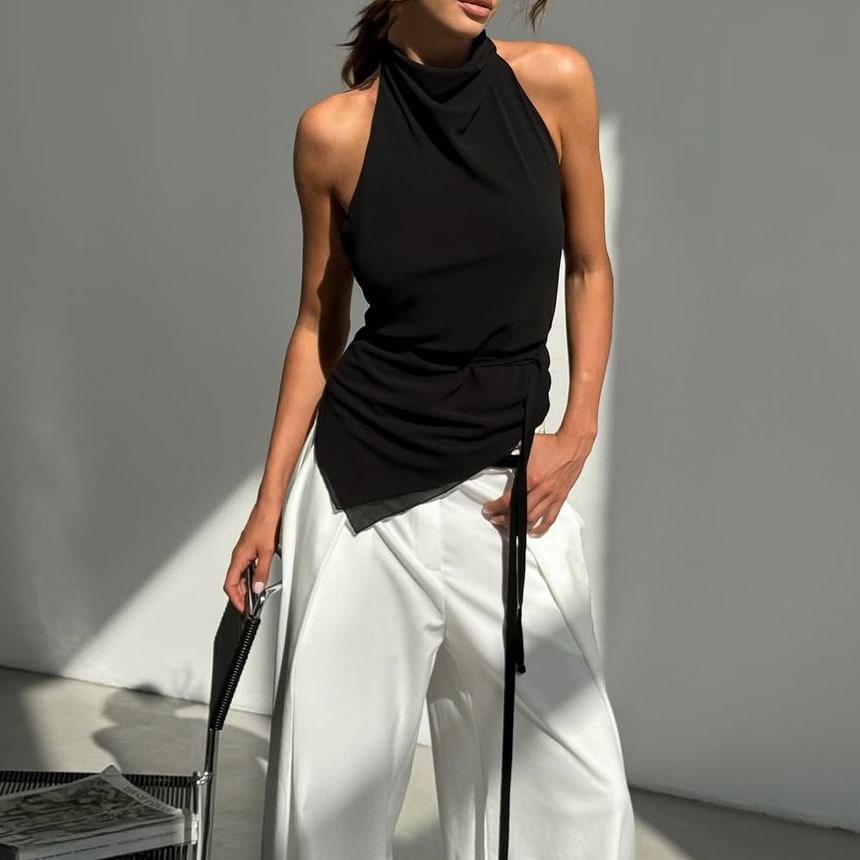 Fit Back Mock Open Plain Halter Neck Crop Asymmetrical Top Slim