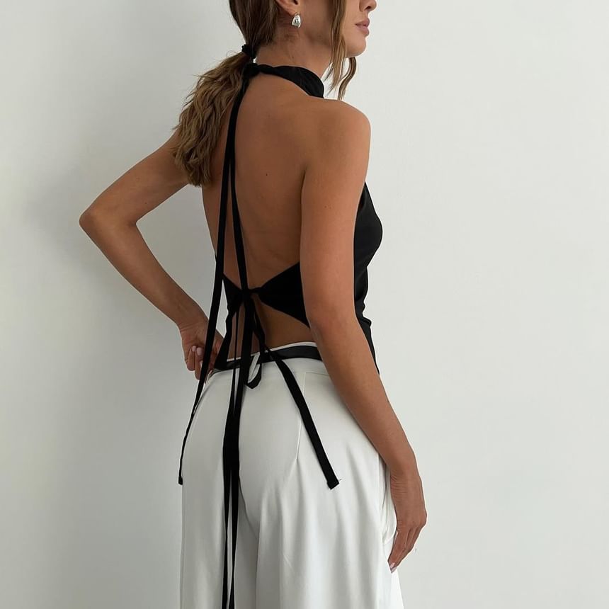 Mock Slim Fit Crop Top Neck Back Halter Plain Asymmetrical Open