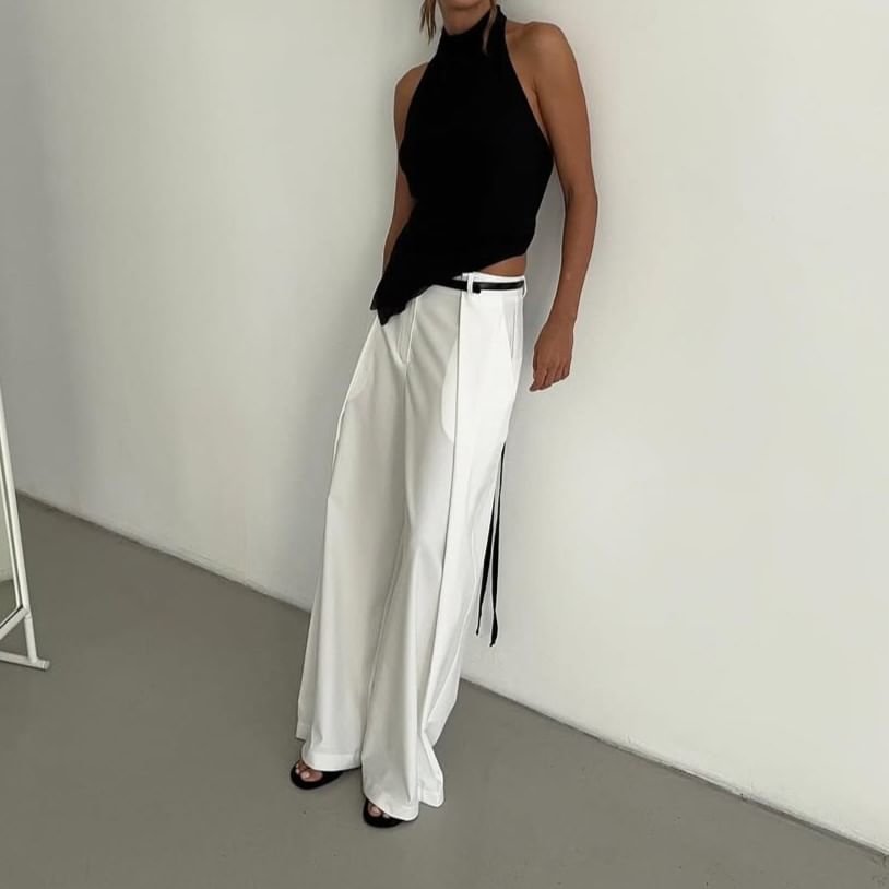 Mock Slim Fit Crop Top Neck Back Halter Plain Asymmetrical Open