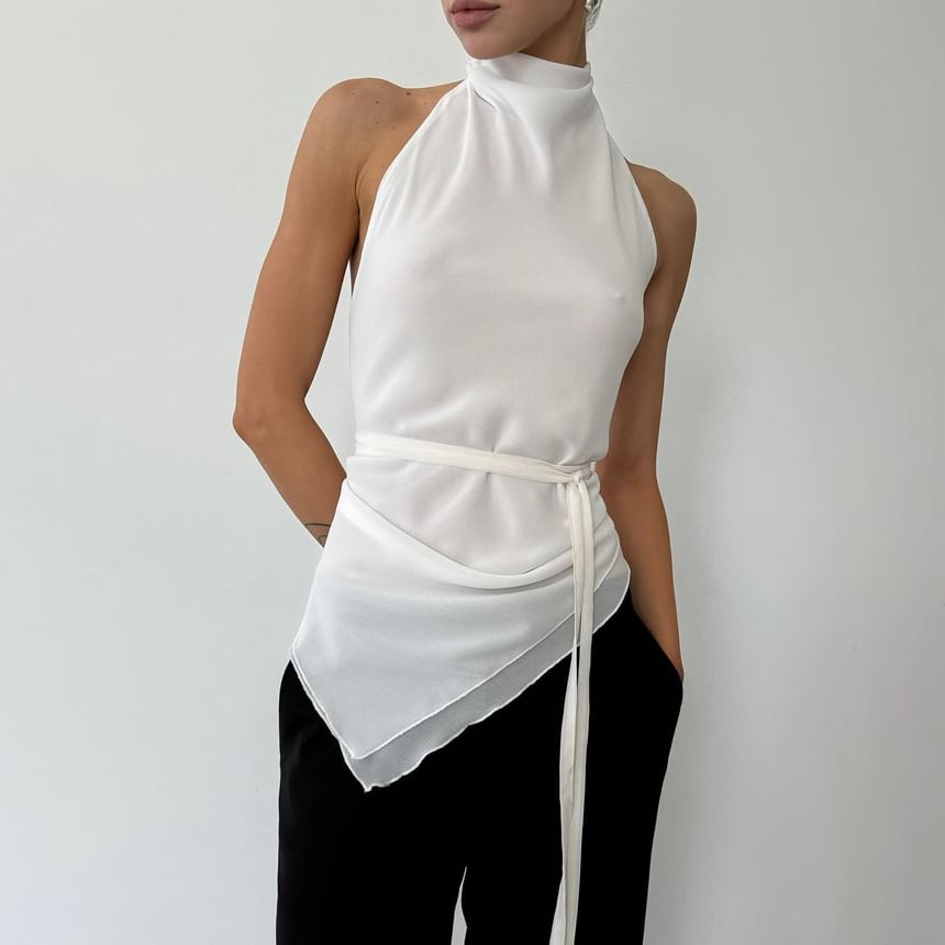 Fit Back Mock Open Plain Halter Neck Crop Asymmetrical Top Slim