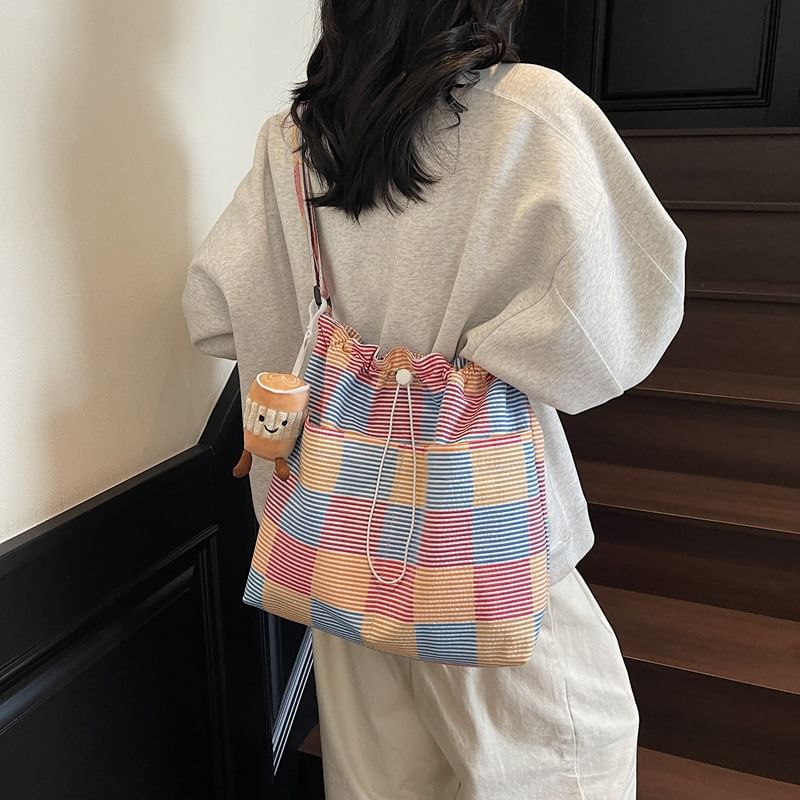Crossbody Drawstring Bag Plaid