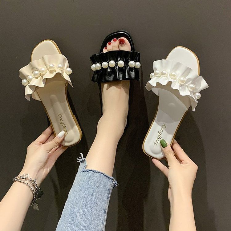 Faux Sandals Slide Ruffle Pearl