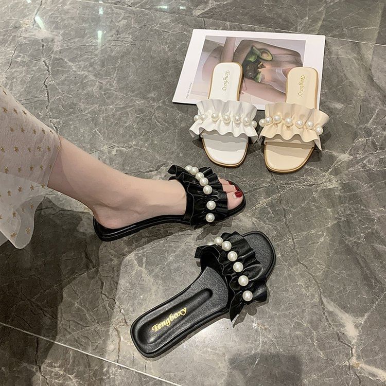 Faux Sandals Slide Ruffle Pearl