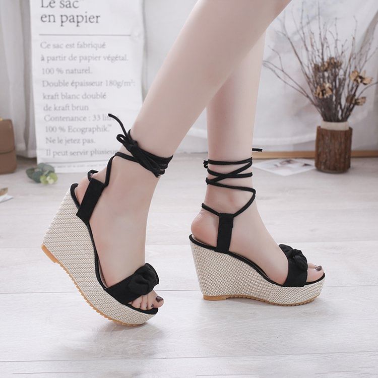 Tie-Up Wedge Sandals Platform Bow