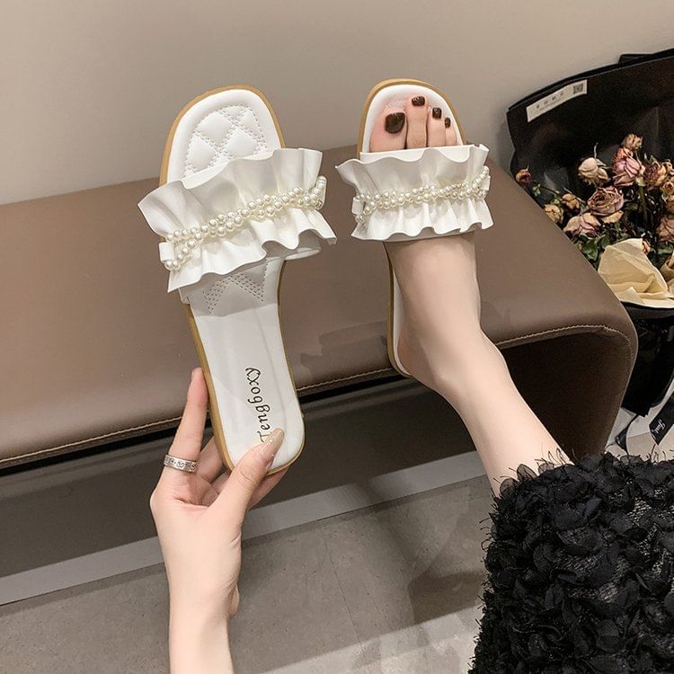 Sandals Slide Faux Pearl Ruffle