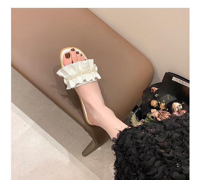 Sandals Slide Faux Pearl Ruffle