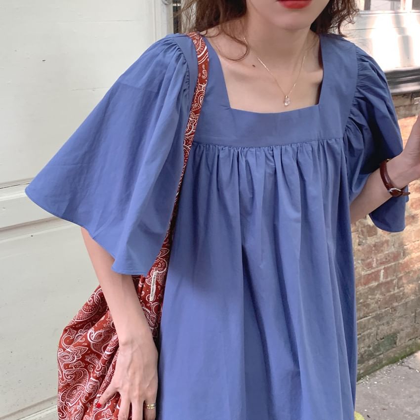 Gathered Square Neck Short Sleeve Maxi A-Line Dress