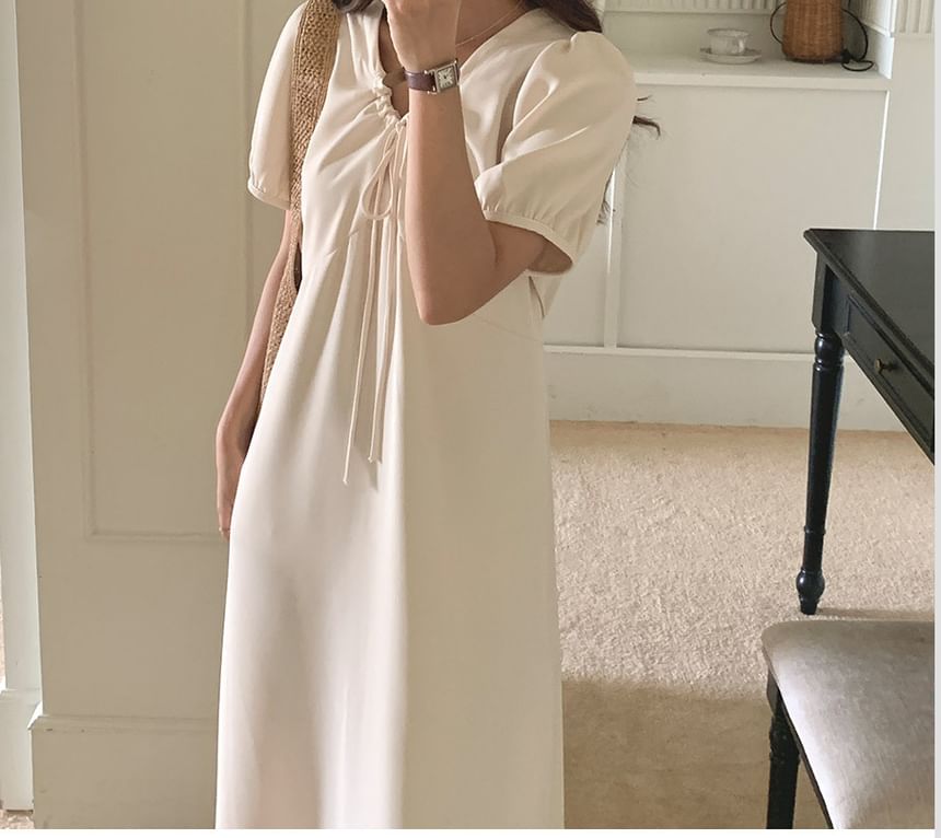 Short Sleeve V-Neck Drawstring Maxi A-Line Dress