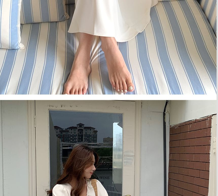 Short Sleeve V-Neck Drawstring Maxi A-Line Dress
