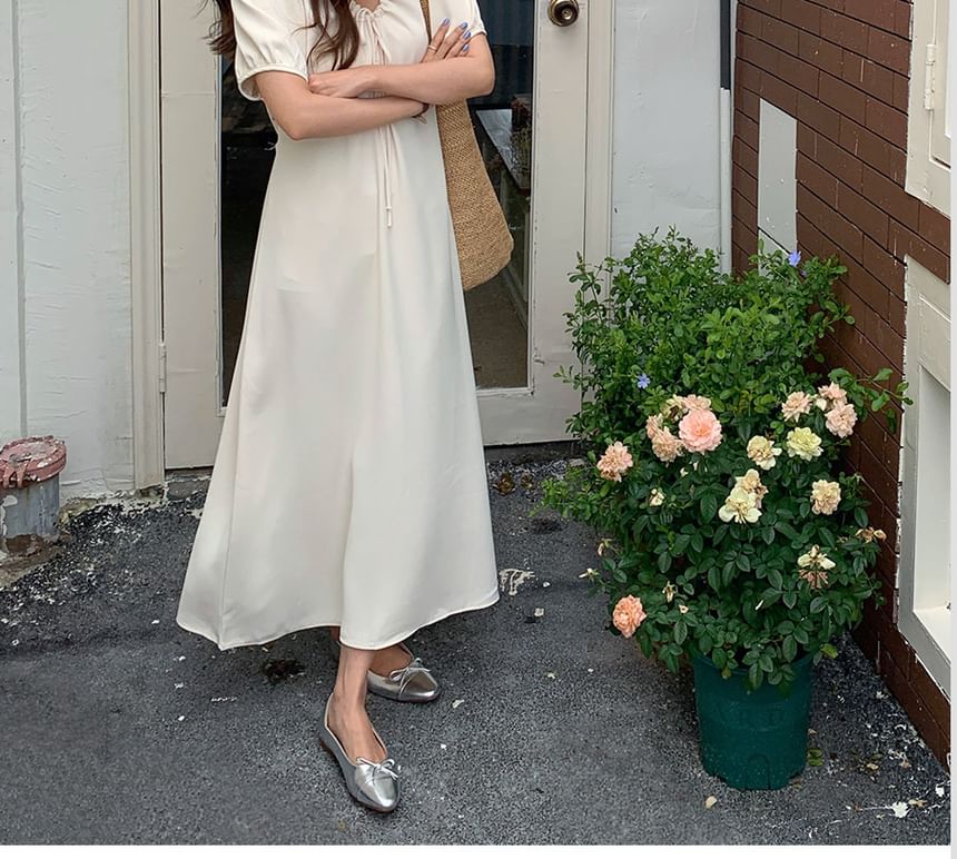 Short Sleeve V-Neck Drawstring Maxi A-Line Dress
