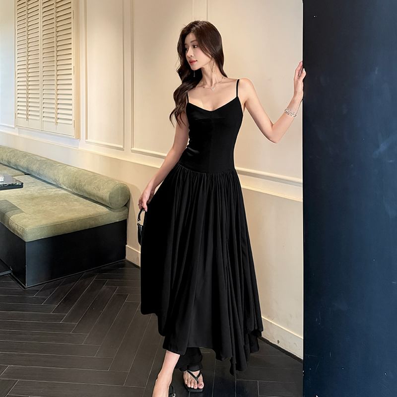 Ruched Open Back Spaghetti Strap V-Neck Maxi A-Line Dress