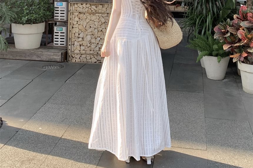 V-Neck Striped Wrap Spaghetti Strap A-Line Maxi Dress