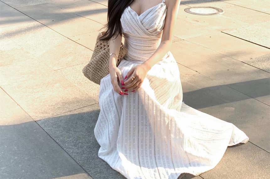 V-Neck Striped Wrap Spaghetti Strap A-Line Maxi Dress