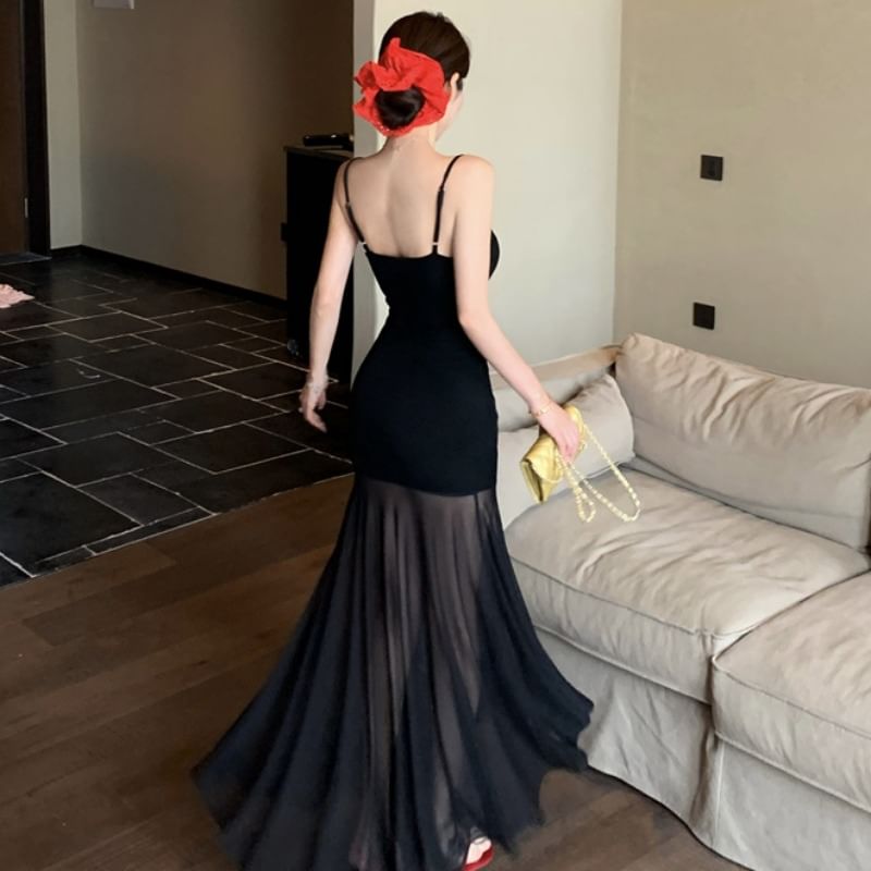 Mesh Panel Spaghetti Strap Scoop Neck Maxi Mermaid Dress