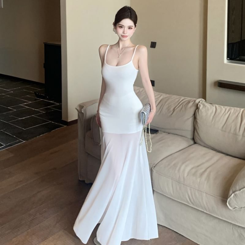 Mesh Panel Spaghetti Strap Scoop Neck Maxi Mermaid Dress