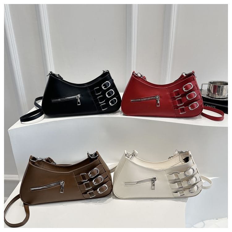 Faux Leather Buckled Zip Shoulder Bag