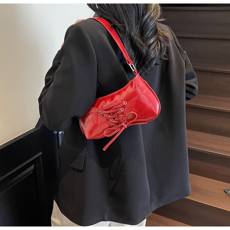 Faux Leather Plain Zip Lace Up Shoulder Bag
