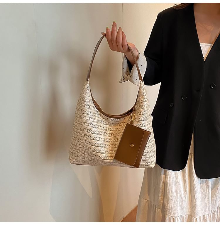 Faux Leather Trim Woven Shoulder Bag